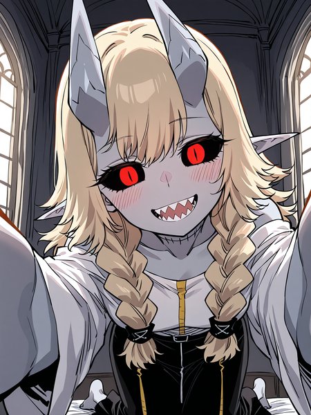 <lora:Player__Manhwa__Ran:1>
1girl, solo, light gray skin, sharp teeth, fangs, black sclera, red eyes, slit pupils, blonde hair, long hair, wavy hair, bangs, twin braids, demon horns, gray horns, oni horns, stitched body, visible stitches, scarred body, pointed ears, demon girl, 
white top, long sleeves, loose sleeves, black skirt, long skirt, black pants, waistband, waist ornament, open sleeves, black wristband, white clothes, black and white outfit, barefoot, 
score_9, score_8_up, score_7_up, score_6_up, source_anime, rating_explicit, 1girl, solo, smile, embarrassed, alcalose eyes, open mouth, mansion, indoors, looking at viewer, outstretched arms, pov, close-up, (head tilt:1.2)