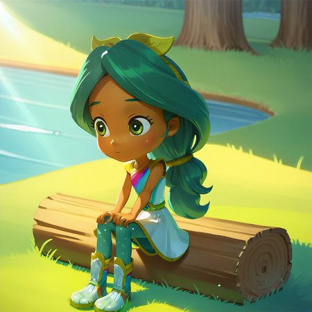 score_9, score_8, score_7, break, solo, pepperm_rr, dark-skinned female, green hair, long hair, ponytail, green eyes, dress, boots, pantyhose, cute, sitting, log, grass, lake, sunlight, shadow, natural lighting,