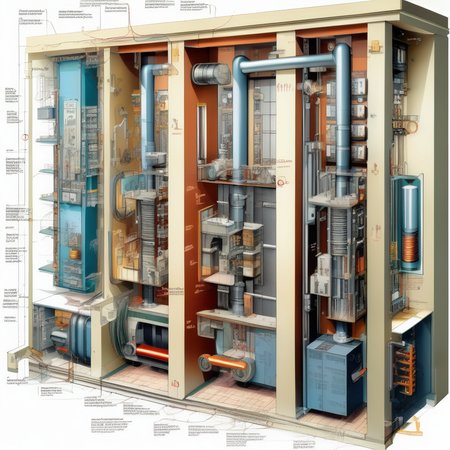 <lora:Isometric Cutaway:1>,Isometric Cutaway ,The electrical schematic diagram of the elevator is explained and the role of each electrical circuit is explained.