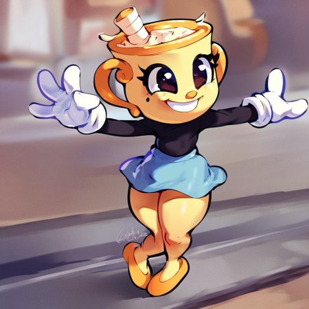 ms. chalice (game), yellow skin, handles, black shirt, long sleeves, white gloves, blue skirt, golden flats,
thighs, 
smiling, happy,
standing, 
1girl, solo, score_6, score_7, score_7_up,