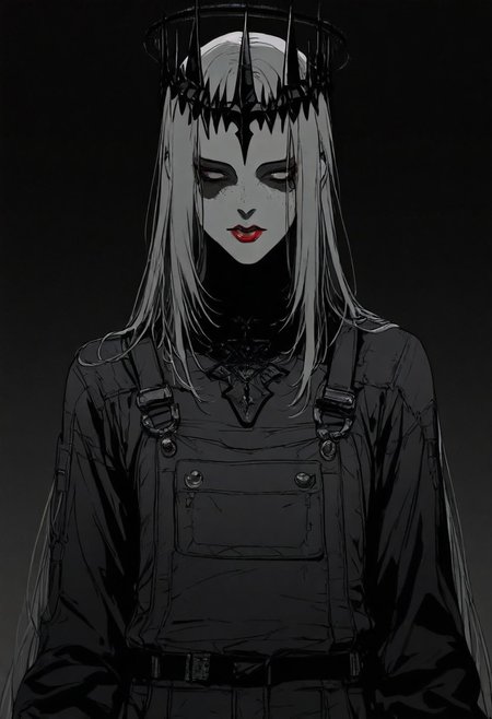 masterpiece, best quality,high quality, newest, highres,absurdres, androgynous figure against a solid black background. The subject is adorned in a futuristic, geometric costume with bold color combinations. The costume is primarily composed of horizontal black and white stripes, which create a stark contrast against the figure's pale skin. The headpiece is a large, circular shape with a gradient from red at the outer edge to white at the center, resembling a halo. The figure's face is painted in a dramatic, almost mask-like style, with a white base and striking red lips. The makeup around the eyes is heavily accentuated, giving a bold, almost exaggerated appearance. The overall aesthetic is minimalistic yet highly impactful, with a focus on clean lines and bold color contrasts. The image's lighting is carefully controlled, casting subtle shadows that accentuate the contours of the costume and the figure's features. The texture of the costume appears smooth and glossy, enhancing the futuristic and otherworldly feel of the artwork. The composition is symmetrical, with the figure centered and the headpiece extending beyond the frame, drawing the viewer's attention to the central subject. white sphere on the background, dark_theme,soft lighting
