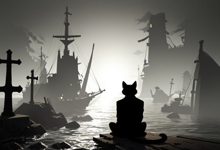 (masterpiece), (score_9, score_8_up, score_7_up,source_anime), 4K8K,
cat, focus. punk, male, 
(scope view, far view), (silhouette cat, black and white cat, tuxedo cat, solo), (solo:1.3), (sitting), scenery, 
(leather culottes),  (backlighting, silhouette:1.3), 
outdoors, (Viking Ship, graveyard, A battered ship that ran aground), 
<lora:harada_miyuki_style:1>
<lora:backlighting-000001:1>