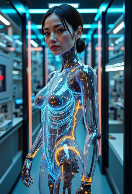 the most realistic, photorealistic photo ever taken [PORTRAIT SHOT, extremely detailed, 8k, BEAUTIFUL FEMALE ANDROID, IN A HIGH TECH FUTURISTIC LABORATORY, LEDS, BIOMECHANICAL BODY PARTS, (body parts covered with skin:1.5), (glass TRANSPARENT ULTRA DETAILED BODY shell:1.5) SHOWING blue and gold CIRCUITRY shining bright INSIDE THE BODY, Detailed hand, (DYNAMIC POSES :1.5), Detailed hand, Hand, Perfect hand, aidmamj6.1 ]