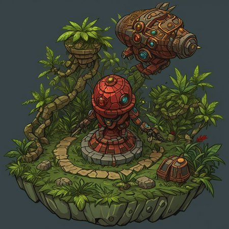 1 island, green to lime color,  jungle, many leafs,  lakes, swamp, (rocky stone ruins:0.8), overgrown wide, plain darkgray to gray background, mecha rusty parts, (((thick outlines:2.2))), (magic gemstone glowing red:1.2)