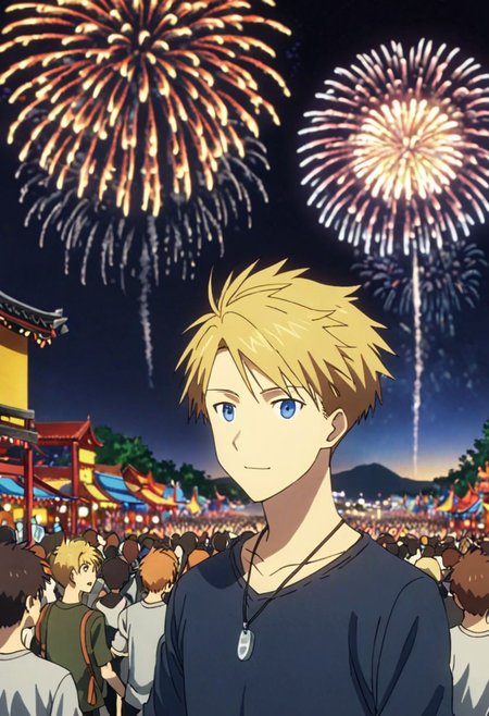 high resolution, professional photography, best quality, 1Boy, Yamato Ishida, blond hair, deep blue eyes, necklace, festivals, nights, fireworks, crowds, happy, OverallDetail