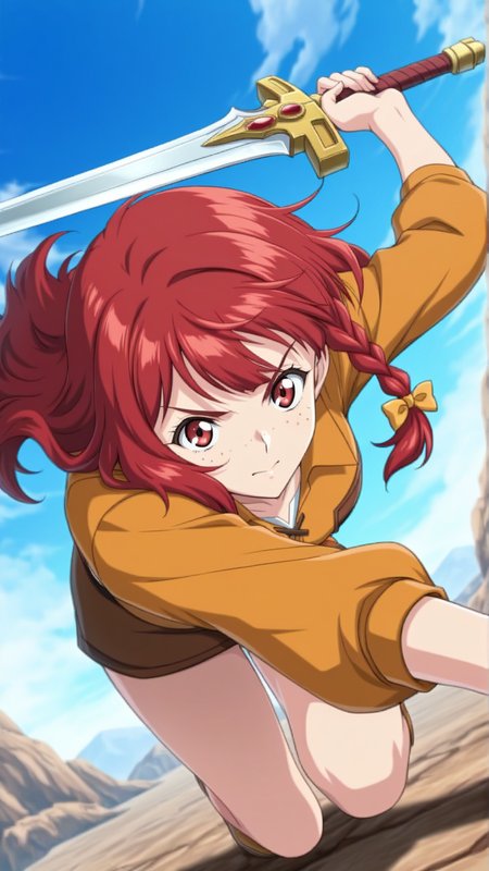 source_anime, general, best quality, masterpiece, 1girl,   <lora:Rosalie_Serue_ill_v1.0:1> rosalie_serue\(srw\),red eyes , red hair, freckles,braid, long hair, side braid, hair bow,hoodle, holding sword, dutch angle, dynamic pose,