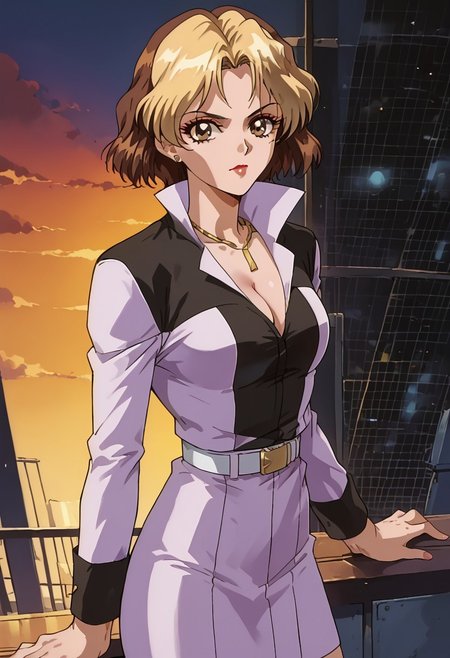 score_9, score_8_up, score_7_up, source_anime, retro artstyle,1990s \(style\), BREAK 1girl, solo, injulindo, short hair, two-tone hair, blonde hair, brown hair, makeup, collared shirt, cleavage, necklace, belt, skirt,