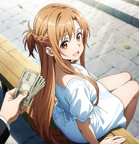 <lora:add-detail-xl:0.5>,,masterpiece, best quality, newest, absurdres, highres, detailed eyes, beautiful, detailed background, perfect eyes, anime coloring, anime screencap,
<lora:sugar_dating:1>sugar_datingV1,
sitting, holding money,from above, from behind,open mouth, happy, 
pov hand  holding money, giving money,outdoors, day,sunlight, street, 
sundress, white shirt, miniskirt, 
asuna \(sao\), 
sword art online, 
official style, 
20YO, milf,adult couple,