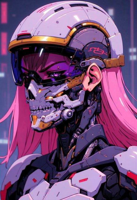 in the style of ckra, close up of a intricate detailed armored pink hair girl, wearing helmet, futuristic, technologic, panel, full face mask, combat technology, tech filigrane, gold, aluminium, purple metalized, studio anime, super_detailed, ultra_high_resolution, dynamic lighting, depth of field, deep shadow, mecha, neotech, glasstech