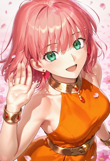1girl, lennact, pink hair, green eyes, medium hair, medium breasts,red earrings, gold collar, orange dress, sleeveless dress, short dress, gold belt, gold bracelet, portrait, smile, open mouth, light blush, from above, hand up, looking at viewer, flower petals,