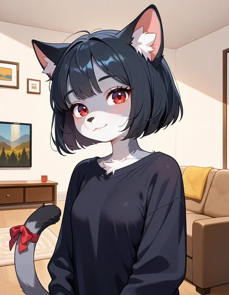 masterpiece, best quality, very aesthetic, absurdres,
indoors, living room, 
upper body, 
light smile, long eyelashes,
<lora:Molly_v01_NAIXL:1>
Duska,1girl,solo,furry,female,cat girl,short hair,bob cut,black hair,bangs,cat ears,animal ear fluff,red eyes,animal nose,body fur,two-tone fur,grey fur,white fur, cat tail, tail ornament,