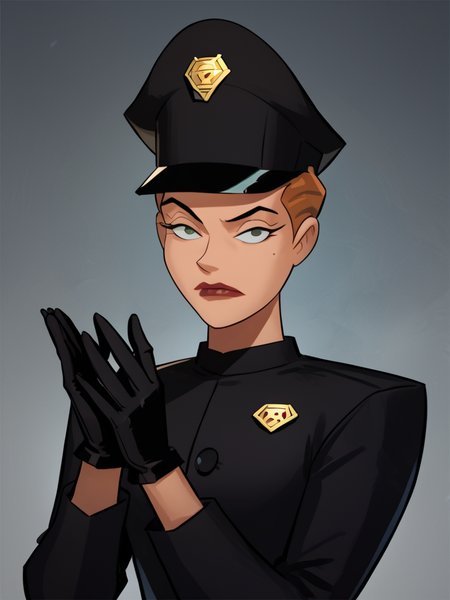 score_7_up, score_8_up, score_9, masterpiece, perfect face, perfect hands, high quality, source_anime, (1girl, solo,) <lora:Mercy_Graves_-_Justice_League_DC:1> mercygraves, brown hair, short hair, hat, black uniform, black gloves,