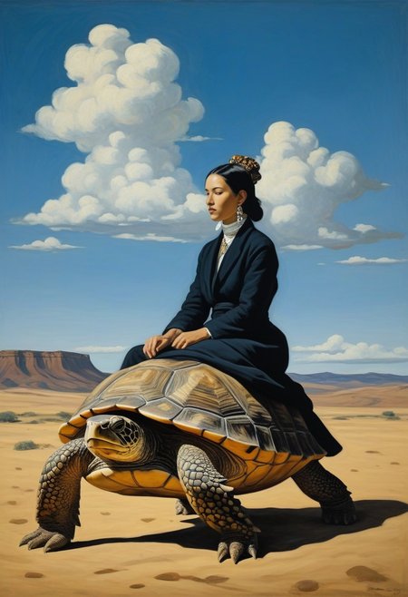 a woman riding on a turtle, looking under, tribal fashion, dressed warmly, hair ornaments, tattoo on face, blue sky, abstract art, desert, full body,hieroglyphics made from clouds in the sky,
deep shadows enhancing mysterious atmosphere,  dim light, (oil painting:1.5), (by rene magritte :0.9), (by Paul Cezanne:0.7), (by Francisco Jose de Goya:0.7), directional lighting, masterpiece, perfect composition, abstract glitch, long shot, from side, sfw