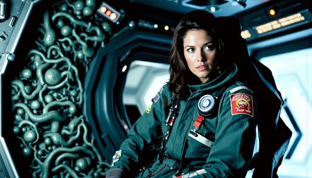 nostromo style,
woman wearing jumpsuit, spaceship interior, greebles, giger details, organic walls, space jockey, science fiction, horror,

extremely detailed:1.2, sharp:1.2, bold outlines,

sharp focus, detailed face, clear eyes, Detailed perfect hand