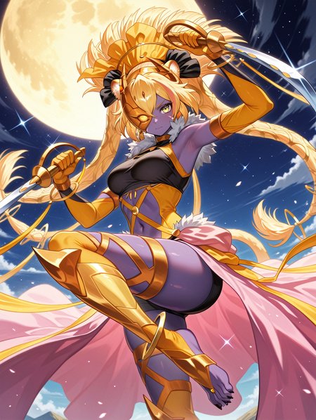 lunalight sabre dancer, 1girl, dual wielding, solo, saber \(weapon\), holding saber \(weapon\), gold half mask, one eye covered, gold headdress, gold revealing clothes, gold elbow gloves, gold scrunchie, gold thighhighs, looking at viewer, armpits, tiger girl, purple skin, closed mouth, sparkle, medium breasts, glint, leg up, full moon, navel, pink waist cape
masterpiece,best quality,amazing quality,very aesthetic,absurdres,newest,<lora:Serena and Lunalight part A illuXL v1.2:0.8>,