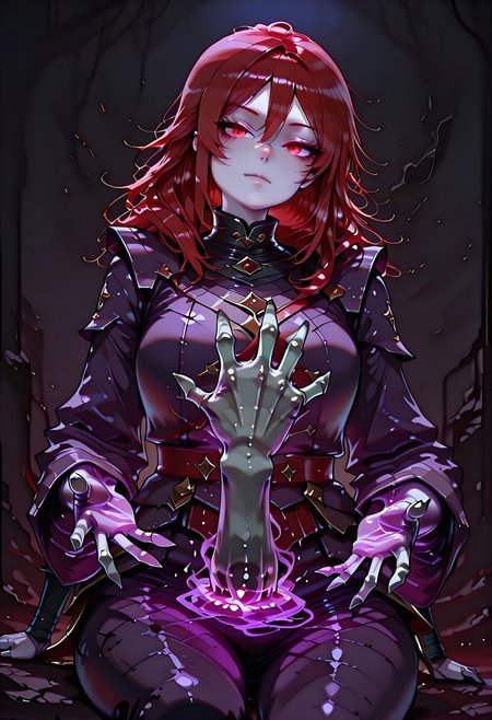 masterpiece, best quality, highres, absurdres, amazing quality, high resolution, 
Red Eyes, Red Hair, pale skin
from below, expressionless, , sitting, head tilt, dutch angle, <lora:chill_touch_Test:0.8>chill_touch-(magic), outstretched handskeletal disembodied hand, purple blue magic, solo, claws, cowboy shot , glowing eyes, dimmed, dark background, simple background,