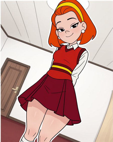 masterpiece, best quality, amazing quality, very aesthetic, absurdres, newest, solo,  KarinneZYN, 1girl, solo, black eyes, hairband, orange hair, short hair, jewelry, earrings, (Red vest, skirt, school uniform, socks), cowboy shot, looking at viewer, beautiful, ((beautiful face, beautiful eyes)), breasts, Wide Hips, Big thighs, standing,(smile, dutch angle, naughty pose, looking at viewer, indoors, elegant room, solo, dynamic pose, full_body, head tilt,),((white background, White frame, white outline))