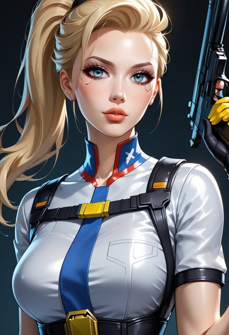 woman in cyberpunk era, young, fallout series soldier, cartoon, anime, slim, fit and slender figure, firm breasts, she is a villain standing above viewer, view from below, gun aiming at viewer, blonde ponytail hair, alluring makeup, captivating blue eyes, an upturned nose, a delicate jawline, parted pouty full lips, slutty uniform,
