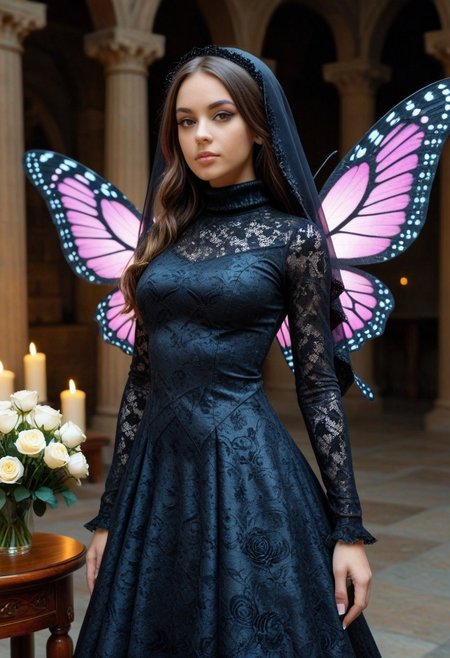 score_9, score_8_up, score_7_up, score_6_up, rating_safe,  view from below, full body, dark_ skin kwf girl,  semi_realistic, detailed face, emo  pink makeup, short hairs, veil made from  lace, (turtleneck  dress with  carbonfiber embroidery), delicate but oversized butterfly wings made of carbon fiber,  Her wings somehow stealing light ,star shaped eye pupils, looking down,
biolumen, holding a single white rose made from ruby, the  contur of the rose petals glow like starry night, inside dark misterius temple, dim light, intricate details, horror theme,  detailed background, detailed rastr, matte_color, flat_color, ScribbleRay