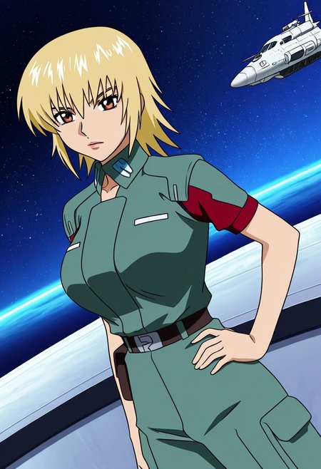 general,highres, ultra-detailed,very aesthetic,best quality ,best hands,best eyes,easynegative,
dynamic anglre, dutch angle, anime cloring,anime screencap,
1girl solo,looking at viewer,space ship,hand on hip,
Cagalli Yula Athha,yellow hair,short hair,brown eyes,huge breasts,militaly uniform,