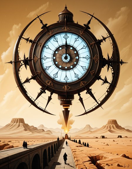 A surreal, dreamlike painting in the style of JarosÅaw Jasnikowski, depicting a gigantic mechanical insect-like cathedral walking across a cracked desert landscape. The cathedral is mounted on insect legs made of bronze and copper, with gears and steam vents along each joint. The architecture is gothic, with tall spires, stained glass windows glowing from within, and massive rotating clock faces embedded in its towers. In the background, a distorted horizon under a greenish-yellow sky, with floating islands and broken bridges suspended mid-air. A small group of cloaked figures watches the walking structure from the foreground, their long shadows cast across the dry, dusty ground. The entire scene is bathed in a surreal light, blending soft golds and dark shadows, giving it a mystical and post-apocalyptic atmosphere. Details are rich with fine mechanical engravings, absurd physics, and metaphysical symbolism, echoing Jasnikowskiâs signature surrealism and imaginative science-fiction fantasy.<lora:SDXLFaeTastic2400:0.4> <lora:extremely_detailed:0.4> extremely detailed, <lora:JarosÅaw_J4sn1k0wsk1_r1:1>,JarosÅaw J4sn1k0wsk1 <lora:JarosÅaw_J4sn1k0wsk1:1>, Masterpiece,best quality,hi res,8k,hi res,8k,award winning,(sharp focus, intricate, highly detailed),