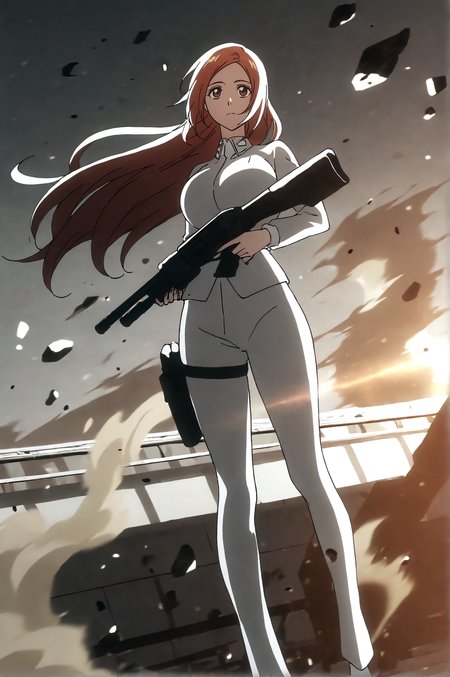 masterpiece, best quality, dark grey background, indoors, cinematic lighting, lens flare, flying debris, dust, smoke, amazing quality, very aesthetic, absurdres, best quality, newest, year 2023,  Orihime Inoue, seductive body, solo, expressionless, aiming tactical shotgun, thigh gun holster, full body,   <lora:JN_Orihime_Inoue_Illus:0.8>