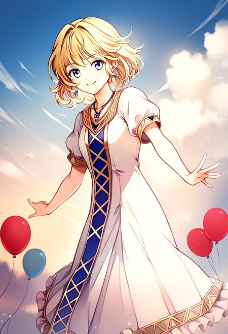 score_9, score_8_up, score_7_up, highres, (best quality:1.1), masterpiece, absurdes, multiple girls, utdoors, sky, solo focus, day, cloud, 1girl,  blue sky,balloon, roller coaster,  <lora:Yumina_FE_XL:1> Yumina_FE, blonde hair, blue eyes, short hair, bangs, 1girl, solo, jewelry, dress, white dress, looking at viewer, short sleeves, necklace, ,smile