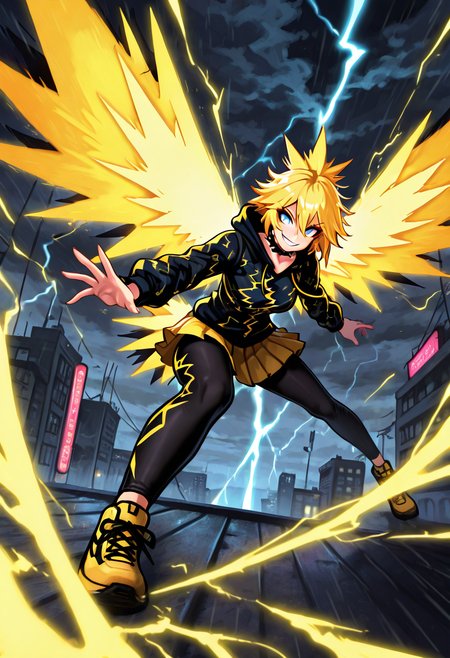masterpiece, best quality, 1girl, solo,     zzZapdos, (detailed face, dynamic pose, foreshortening, face focus),  lightning-pattern hoodie, layered pleated skirt, black leggings, yellow sneakers, spiked choker, rainy street, neon signs, leaping motion, glowing wings, rebellious grin â In the heart of the cityâs stormy night, she leaps from one rooftop to the next, her lightning-pattern hoodie flaring behind her like a streak of fire. A layered pleated skirt flutters beneath it, the black leggings beneath etched with faint circuit designs. Her yellow sneakers flash in sync with the strobes of neon signs below, and a spiked choker clinks with each motion. Her electric wings flicker to life mid-jump, casting an otherworldly glow behind her, as a wild, rebellious grin spreads across her rain-speckled face.  ,,<lora:ZapdosPokedex_IXL_v1:0.8>,