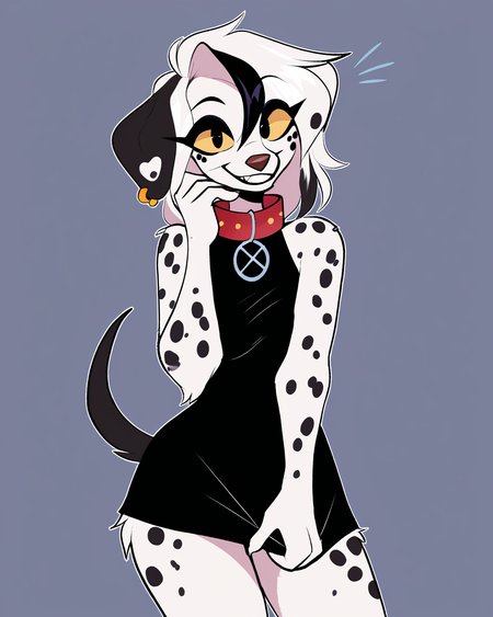 score_9_up, score_8_up, score_7_up, score_6_up, by remanedur, furry female, female, furry, ear piercing, colored sclera, black eyes, dalmatian, white hair, streaked hair, sleeveless dress, black dress,  multicolored hair, collar, tail, medium breasts, black eyeshadow, looking at viewer, smile, happy, head tilt, solo, three-quarter view, simple background, white outline, <lora:Leah_Pines(AIM)_XL_v1:0.15> <lora:PDXL_artist_tags_v2_big:0.5> <lora:The-Minuscule-Task_PDXL_v1.0:0.6>  <lora:Ouija_shutupjen:0.65>