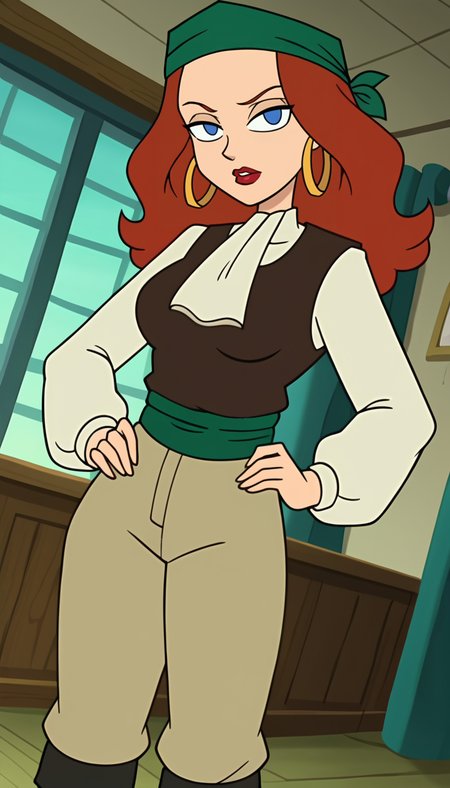source_cartoon, 1girl, solo, long hair, red hair, blue eyes, no pupils, shihakugan eyes, mob psycho eyes, red lips, forehead, white shirt, vest, puffy long sleeves, hoop earrings, sash, hat, bandana, pants, knee boots, standing, looking at viewer, dutch angle, cowboy shot, indoors,  <lora:ElaineMarley_PonyXL:0.8>, Elaine Marley, screencap
