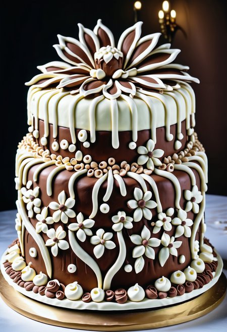 A giant cake made out of  ,Jed-ChocoC, chocolate, cereals, <lora:last:0.7>  decorated with Jed-whtccae,   <lora:WhiteChocoStyle-000005:0.6>  in art nouveau style the cake is bordered by Jed-mrshmlw,  <lora:MarshmallowStyle-000007:0.5>, the topping of the cake is cream and in inside of the cream there is a flower made out of Gingerbread, icing,  <lora:GingerbreadStyle_epoch_10:0.6>, standing on a table , masterpiece, sharp and in focus, photorealistic