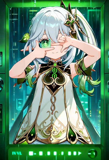 (masterpiece, best quality, high quality, good quality),1girl,nahida \(genshin impact\),finger frame,rain,digital rain,green rain,smile,cowboy shot,(cyberpunk),scouter,roman numeral,one eye covered,the matrix,finger_camera,
green theme,<lora:Code__Digital_World_Morph_v2_PONY_XL_by_UOC:0.5>,<lora:breasts_size_slider_illustrious_goofy:0.5>,<lora:cutesexyrobutts_style_illustrious_goofy:0.5>,<lora:ponyv4_noob1_2_adamW:0.5>,