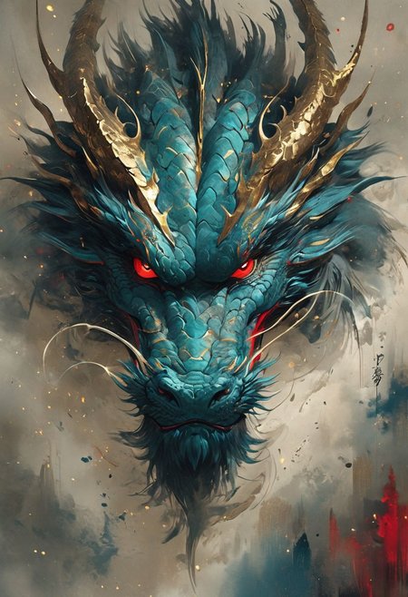 minimalism style, WLOP art style, a character worrior , facial muscles,  eye light, dragon behind, cinematic foootage,  fantasy, intricate details,8k post production,dark gold tone blue red white green