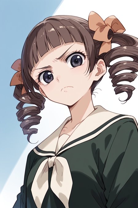 score_9, score_8_up, score_7_up, score_6_up,
 <lora:Touko_Matsudaira:0.9> touko, 1girl, solo, school uniform, drill hair, serafuku, twin drills, brown hair, frown, looking at viewer, parody, blunt bangs, white neckerchief, upper body, black eyes, twintails, low angle
