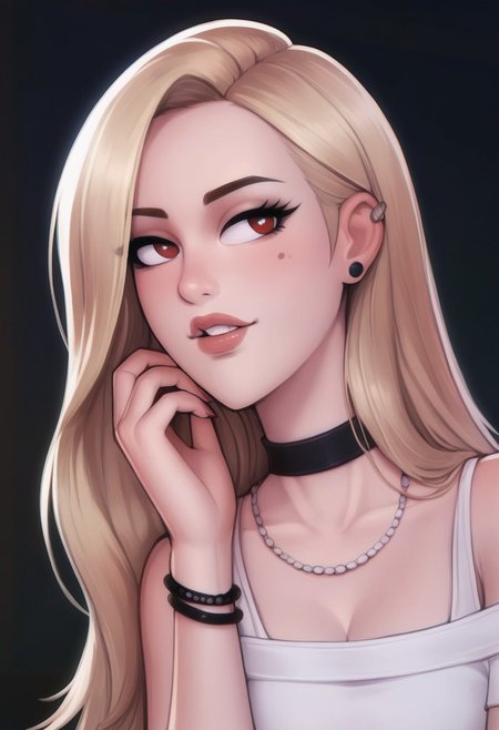 score_9, score_8_up, score_7_up, score_6_up, PRSNL_3_1, uncensored, pupils black dots, lips,
upper body, 
Marin Kitagawa, 1girl, blonde hair, long hair, multicolored hair, red eyes | pink nails, nail polish, fingernails, jewelry, earrings, ear piercing, necklace, choker, barbell piercing, bracelet