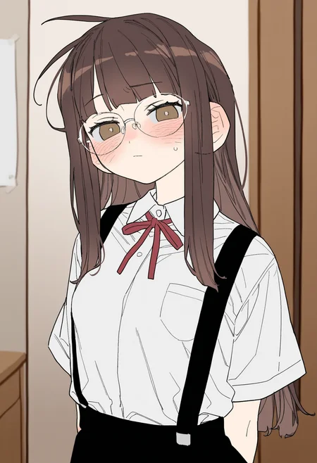 masterpiece,best quality,amazing quality,
1girl, solo, glasses, brown hair, shirt, red ribbon, white shirt, looking at viewer, brown eyes, long hair, bangs, blunt bangs, ahoge, ribbon, blush, skirt, suspenders, short sleeves, upper body, neck ribbon, school uniform, collared shirt, black skirt, closed mouth, breasts, suspender skirt, indoors, 
 <lora:Dayama_epoch_8:1>