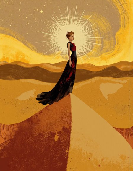 By Anna & Elena Balbusso. A digital illustration shoot from a front camera angle about a girl standing on top of a large, swirling desert landscape with a starburst effect in the background. the image also shows a vibrant, dynamic composition. on the middle of the image, a woman with short, spiky brown hair and a confident expression stands confidently on a vast, golden sand dune. she is wearing a long, flowing black dress with red accents, and her body is positioned in a way that showcases her full body. the woman appears to be looking directly at the viewer, with her eyes directed at the center of the frame. her hair is styled in a spiky manner, and she has a small, brown eye color. the background is a mix of yellow and orange hues, with a golden hues that create a sense of warmth and vibrancy, and the image is filled with a magical, ethereal quality. the overall effect is one of awe and wonder, with the woman's presence commanding attention and the vastness of the desert landscape.