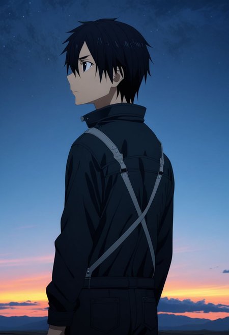 high resolution, professional photography, best quality, 1Boy, Kirigaya Kazuto, Black Hair, Black Eyes, overalldetail, existential longing, ultimate sky