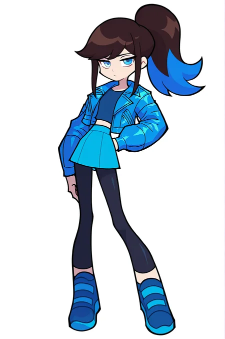 1girl, solo, dark brown hair, dark hair, dyed blue hair tips, brown ponytail, blue eyes, blue sweater, cropped leather jacket, leggings, blue trainers, wearing cartoony clothing, white background
masterpiece, best quality, newest, absurdres, highres, sensitive,  <lora:YugiHose:1>