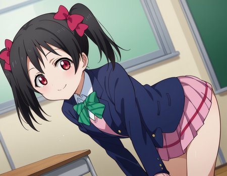 score_9, score_8_up, score_7_up, source_anime,
nikoyazawa, <lora:nico-yazawa-s1-ponyxl-lora-nochekaiser:1>,
niko yazawa, black hair, red eyes, bow, twintails, hair bow,
skirt, school uniform, jacket, blazer, winter uniform, otonokizaka school uniform,
indoors, classroom, smile, bent over,
looking at viewer, cowboy shot, dutch angle,