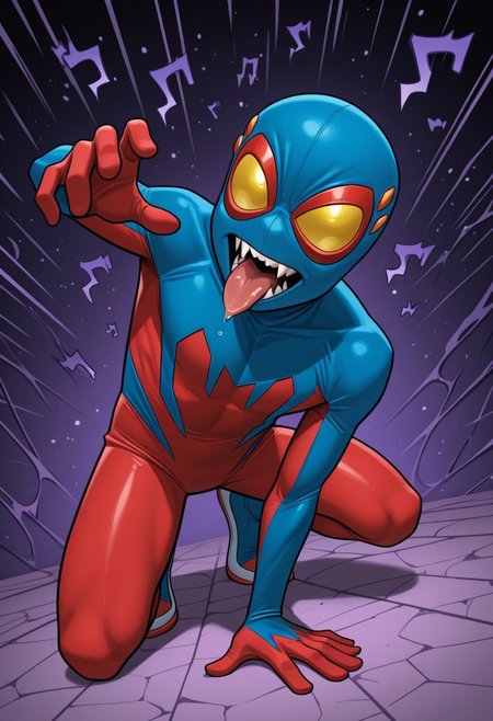 1boy, male focus, cute boy, BaileyBriggs, Mask, Yellow Eyes, Spiderboy Costume, Two-tone Bodysuit, Red Bodysuit, Blue Bodysuit, fangs, tongue, saliva, menacing, cinematic, intricately detailed illustration, depth of field, masterpiece, best quality, amazing quality, very aesthetic, absurdres, newest, very awa, shadow, dynamic angle, casual cosplay, dynamic pose,  action pose,