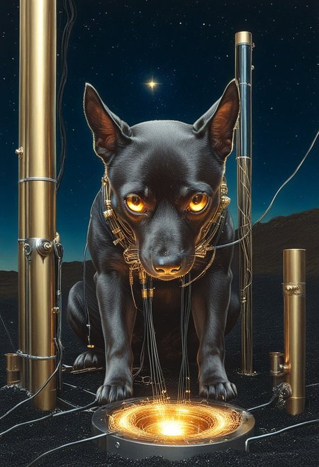 masterpiece, best quality, very aesthetic, absurdres, HyperDetailed Illustration, qu4ntum, epic background, nightsky landscapes with vibrant (brass pipes) and (silver wires) and gold circuits, a dog covered in gold circuits, glowing eyes, vivid eye color, (beautiful eyes:1.2), (gradient iris, crisp iris edges), confident pose, dog  pose, eating a chunk of silver wires,