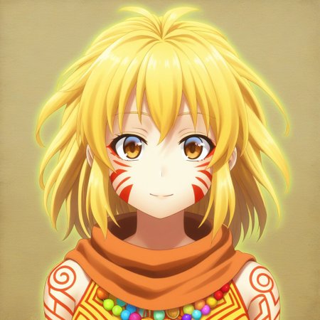 mana_sk style, portrait, focus on face, a spirited desert nomad girl with sun-kissed skin and wild sandy blonde hair tied with colorful beads, vibrant golden-brown eyes radiating energy, wearing a scarf with intricate tribal patterns, her face partially obscured by swirling desert sand, Japanese RPG style, adventurous and exotic atmosphere, intricate details on her scarf and hair beads