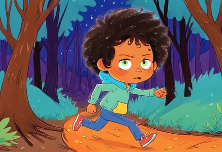 max (camp camp), cartoon theme, max (camp camp), 1boy, solo, human, male focus, curly black hair, curly tousled black hair, afro, dark skin, orange skin, dark-skinned male,  large eyes, round eyes, green eyes,small nose, triangular nose, pointed nose, anoyed face, running,  blue hood, blue pants, small body, young boy, chibi, dark forest, night