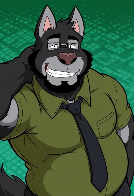1boy, solo, green background, abstract background, male, anthro, wolf, black fur, gray fur, pointed ears, short ears, black eyes, black glasses, fluffy tail, short black beard around chin, thick black eyebrows, chubby, fat, belly, overweight, brown nose, button-down green shirt, black tie, black pants, BREAK hand behind neck, looking at viewer, grin, half eyes closed, face close-up, upper body, facing viewer, side angle, from above, face focus