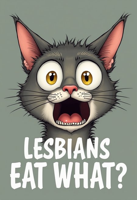 A detailed illustration of a  scared cat's face, with the words "LESBIANS EAT WHAT?" written in white text below the cat's mouth. The cat's eyes are wide open, and its ears are sticking out. The background of the illustration is a grayish-green color, and the illustration has a rough texture.