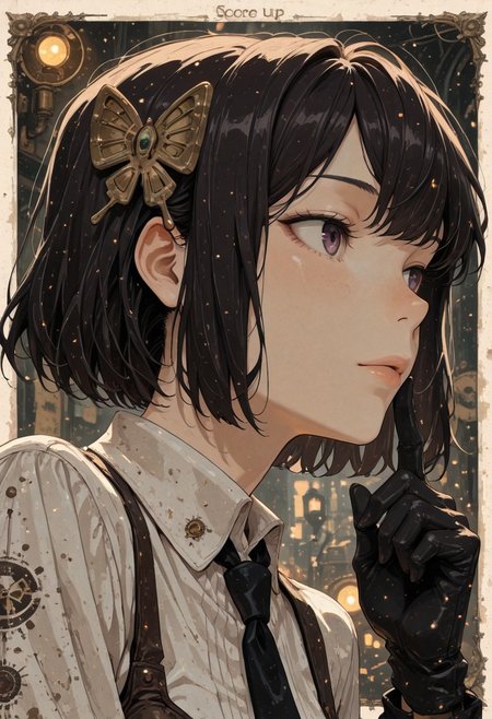 score_9, score_8_up, score_7_up,source_anime, high res image, masterpiece, best quality, masterpiece, newest, absurdres, best quality, hires, 
BREAK 1girl, solo, bsdyosano, butterfly hair ornament
white shirt, black necktie, black gloves, 
closeup, closeup to face, portrait, outside border
steampunk background
cinematic angle, detailed background, beautiful background, (rays light:1.0),(grow:1.0), light particles