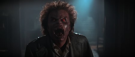 cinematic film still of  <lora:Fright Night 1985 style v2:1>
In the 1980's vampire creature monster Jerry D,a monster creature with very big monster teeth and scary face and reflective red eyes,and messy hair,Vampire4 a person struck by fireball in the dark,open mouth,1boy,male focus,tears,glowing,chair,crying,fire,bald , horror themed, dark themed, low key light, dramatic light, dramatic shadow light, contrast, cinematic color, cinematic look, filmic, realistic, realism, perfection, perfect, Kodak, Kodak film, movie still, Fright Night 1985 style, Fright Night Film style, shallow depth of field, vignette, highly detailed, high budget, bokeh, cinemascope, moody, epic, gorgeous, film grain, grainy