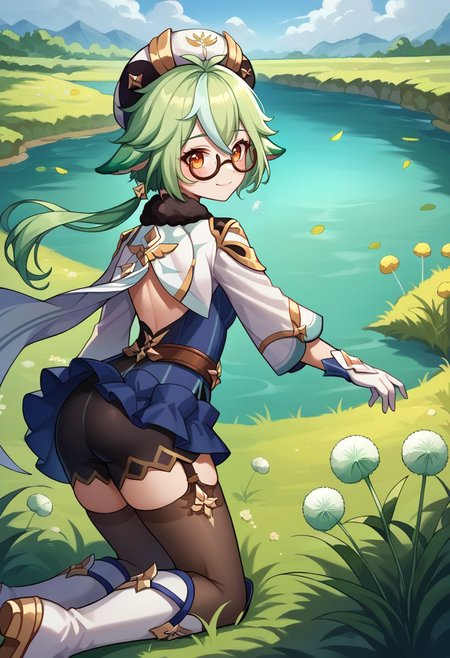 score_9, score_8_up, score_7_up, source_anime, 1girl, sucrosedef, orange eyes, green hair, multicolored hair, hair between eyes, long hair, ponytail, animal ears, glasses, semi-rimless eyewear, hat, beret, fur collar, vision (genshin impact), blue dress, gold trim, cape, long sleeves, white gloves, garter straps, black thighhighs, knee boots, white footwear, wariza, kneeling, closed mouth, smile, blush, looking at viewer, outdoors, grass, lake, wind, dandelion, dandelion seed, portrait, close-up, upper body, from behind, back, looking back, <lora:Sucrose_v1-000010:1>