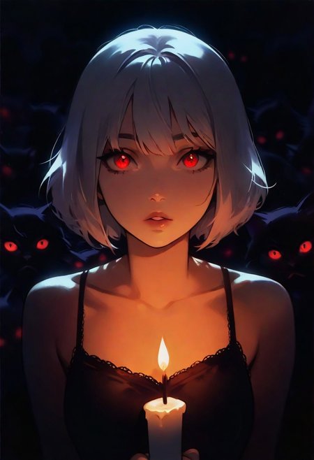 1girl, white hair, short hair, goth, red eyes, detailed eyes, lips, thin lips, parted lips, solo, looking at viewer,, holding a candle, dynamic lighting, camisole, upper body, dark, underlightling, masterpiece, best quality, very aesthetic, background crowd, background people, detailed background, (cat eyes in background:1.5)